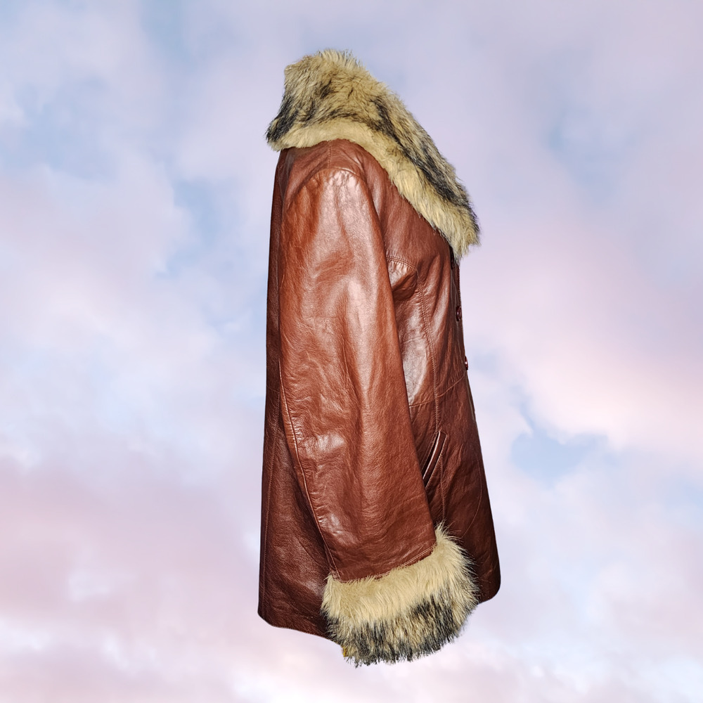 Vtg 90s Wilsons Leather Long Brown Faux Fur Collar Pennylane Trench Coat Sz L - Picture 3 of 8